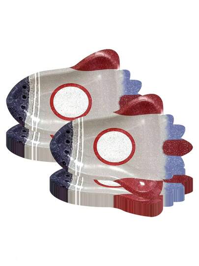 10个/20个/30个装 8.4x11.4英寸火箭造型纸盘，红蓝银闪光太空飞船一次性纸盘，太空主题派对用品，适合儿童生日派对、宇航员主题婴儿派对、男女通用甜点盘