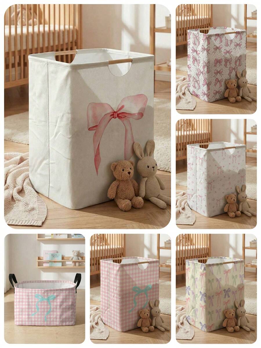 大容量可折叠洗衣篮,蝴蝶结图案,木质手柄,多用途,适用于浴室、婴儿房、脏衣服、玩具和家居收纳 - 彩色 - 查看 1