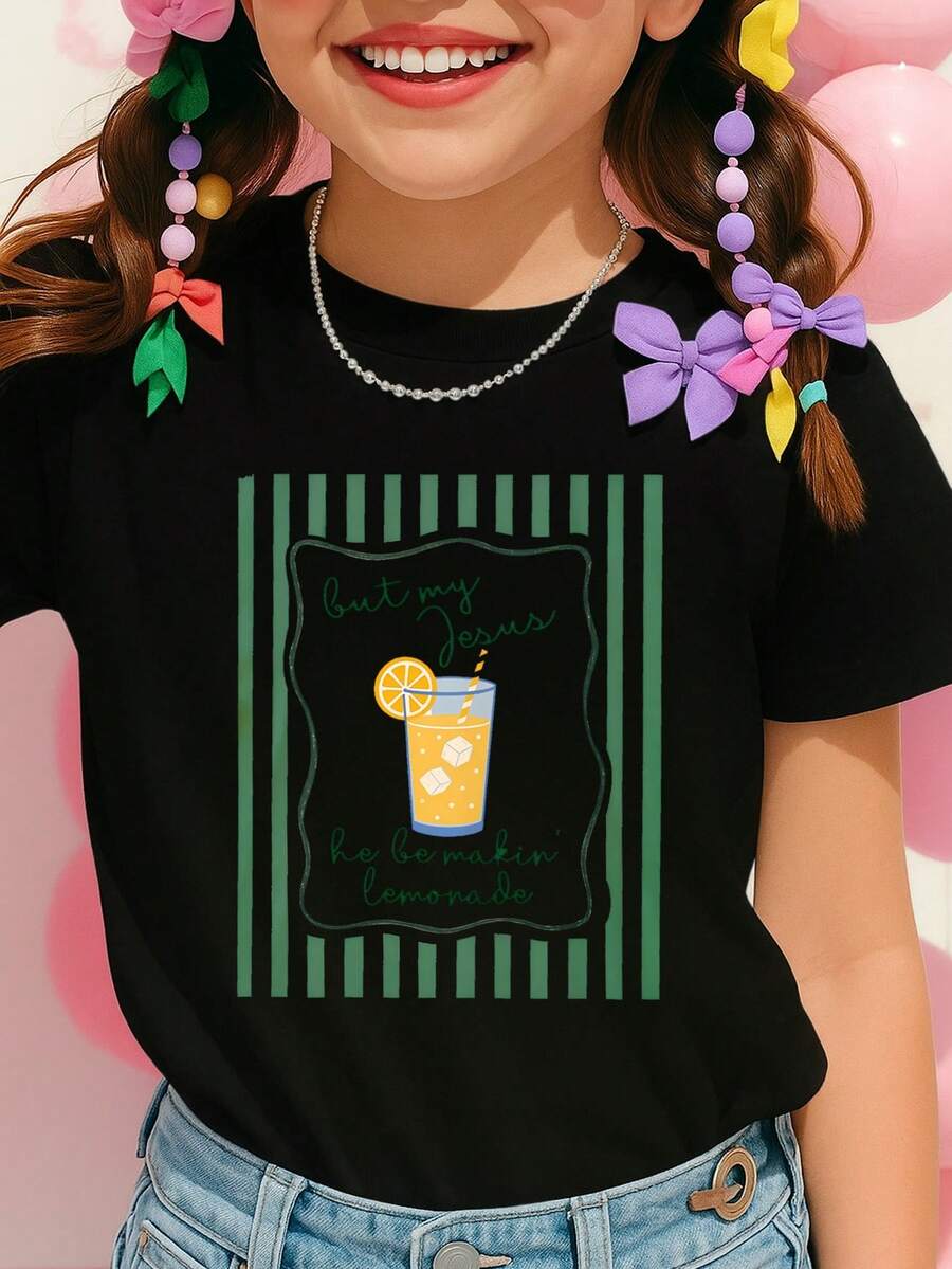 Camisetas de algodón con estampado de limonada y cita de fe cristiana "Pero mi Jesús está haciendo limonada", ideales para niñas. Camiseta informal negra con marco de rayas verdes e ilustración de bebida de limón. Camisetas de manga corta cristianas de verano con un bonito diseño de limonada. Regalo para Pascua, cumpleaños, día de partido, día deportivo, actividades al aire libre y uso casual. Camisetas modernas de moda con estampado de fe y estilo hip-hop para niñas. - Negro - Ver 1