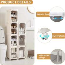 4-Tier Slim Room Storage Cabinet, Narrow Rolling Organizer With Wheels, Adjustable Shelves, Magnetic Doors, Waterproof And Stable Bathroom Storage Organizer, Slim Storage Cabinet For Small Spaces(White) - White - View 10
