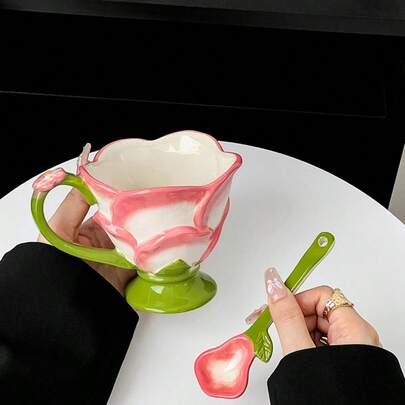 手工釉下彩绘陶瓷马克杯，独特设计，高品质创意，手绘3D莲花咖啡杯，适用于卡布奇诺、拿铁、茶、冷热饮品，是复活节、圣诞节、生日派对的理想之选