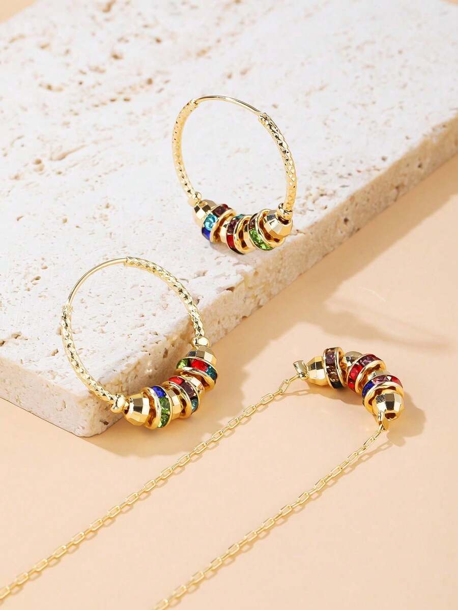 Set de 3 piezas de joyería de plástico con cristales de estilo europeo y americano, que incluye aretes y collar, adecuado para uso diario de mujeres o como regalo - Multicolor - Ver 1