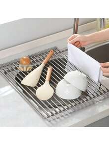 1pc Stainless Steel Expandable Dish Drying Rack, Adjustable Arm, Fits Over Sink, Black & Gray, Multifunctional Kitchen Sink Organizer, Suitable For Vegetables, Fruits, Kitchenware, Kitchen & Bathroom, New Year & Christmas Gift - Multicolor - View 14