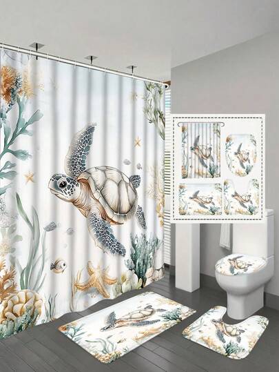 1/4 Set High Quality Underwater Coral Turtle Pattern Shower Curtain Set, Includes 12 Plastic Hooks, Bathroom Non-Slip Mat, U-Shaped Toilet Lid Cover, Modern Home Decor Bathroom Accessories