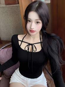 新款性感露肩修身短款上衣，袖口系带，适合春夏穿着 - 黑色 - 查看 5