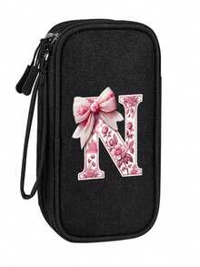 Compact Black Double-Layer Zipper Storage Bag And Digital Product Organizer With 26 Cute Patterned Bow Letters: A Must-Have Travel Cable And Electronics Storage Accessory That Can Store Power Banks, USB Data Cables, Headphones - Multicolor - View 19
