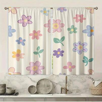2PCS, Multicolor, Pastel Floral Pattern, Playful Cartoon Style, 2D Flat Printed Curtains, 100% Polyester Fabric, Rod Pocket Style 2D Flat Printed 2-Panel Curtains, No Lining, 90gsm, 180cm Width, Perfect For Bedroom Curtains, Living Room Curtains, Dining Room Curtains, Bathroom Curtains, Outdoor Curtains