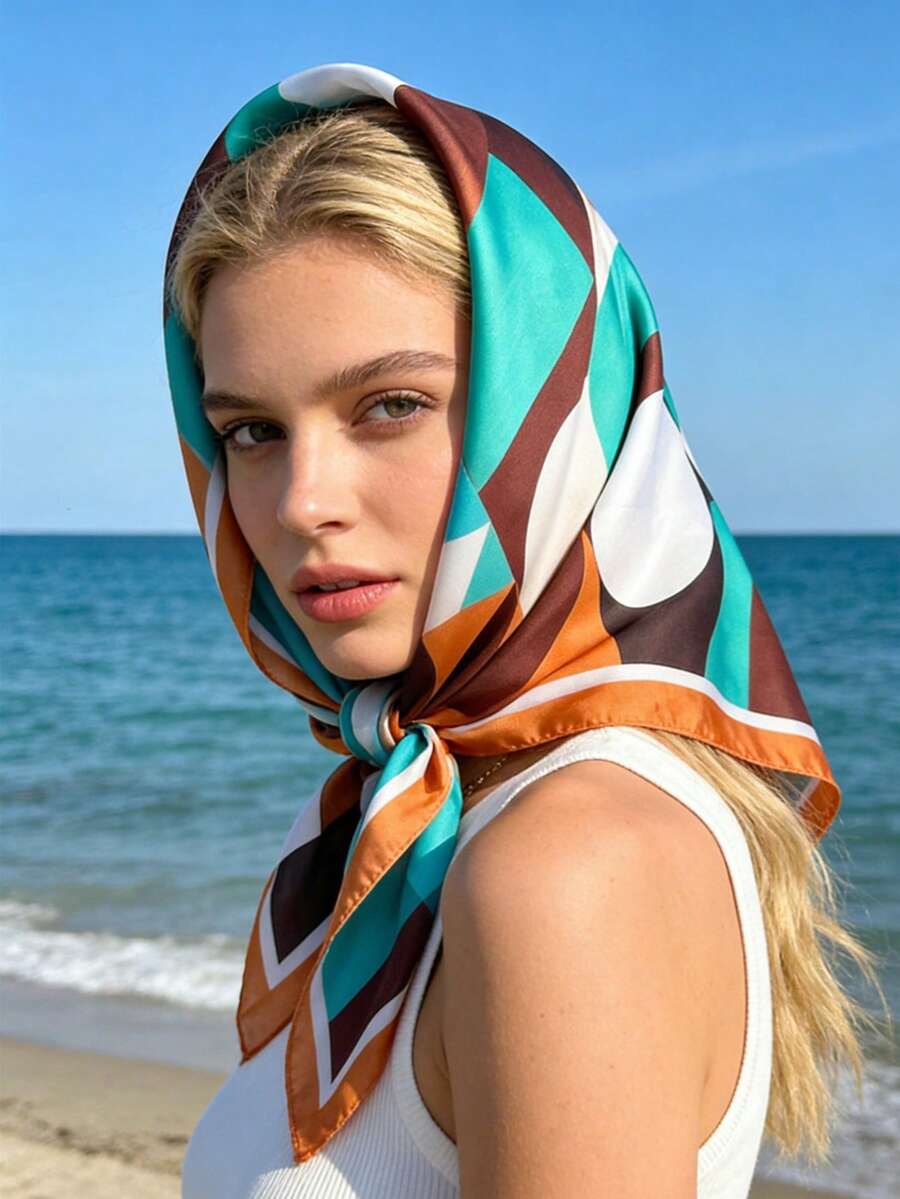 1pc 70cm Bandana With Geometric Pattern, Versatile Waist Scarf, Headband, Head Wrap - Multicolor - View 1