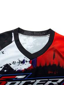 TELEYI Men's Red Purple Splash Ink Racer Letter Print Long Sleeve MTB Motocross Jersey Quick Dry Mesh Downhill Off-Road Bike Racing Athletic Top Sports - Black - View 3