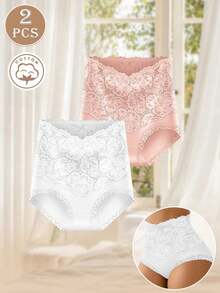 MEIYATING 2 chiếc quần lót nữ cạp cao định hình, họa tiết jacquard, vừa vặn thoải mái, viền ren, nâng mông. - Nhiều màu - Xem 6