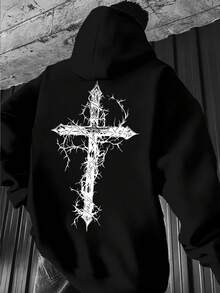 Men's Fashionable Hooded Sweatshirt – Black Printed Hoodie With Thorny Cross Graphic, Oversized Pullover Streetwear, - Black - View 3
