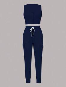 New Summer Women 2pcs Set, Casual Comfortable Solid Sleeveless Tank Top & Elastic Waist Pocket Long Pants - Màu tím 262 - Xem 12