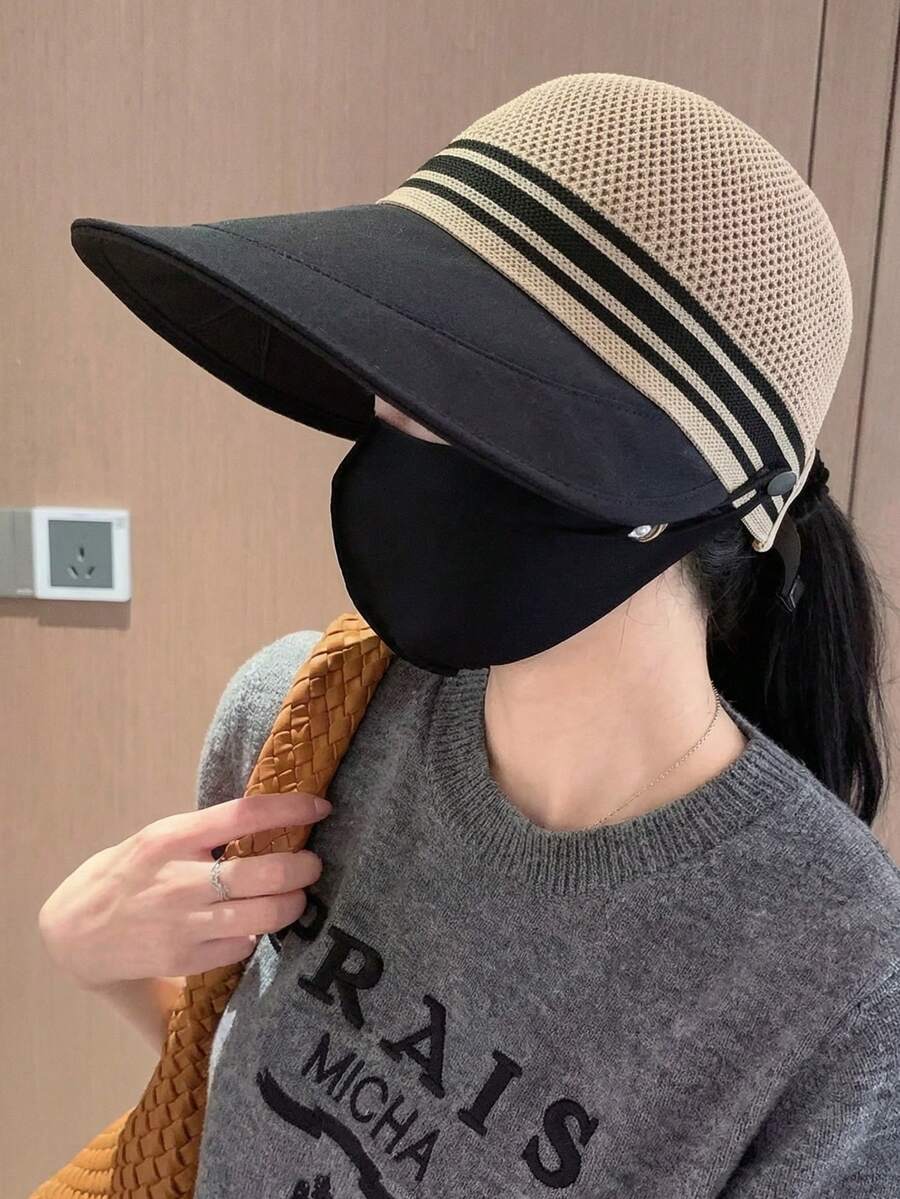 1pc Women's Wide Brim Sun Hat, Ponytail Design, Breathable Woven Striped Bucket Hat, Lightweight Summer Outdoor Sun Protection Hat, Suitable For Travel, Beach, Vacation, Daily Wear In Spring & Summer - Multicolor - View 1