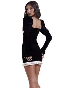 French Vintage Velvet Square Neck Dress, Elegant Puff Sleeve Black Dress, Sexy Party Dress - 黑色 - 查看 5