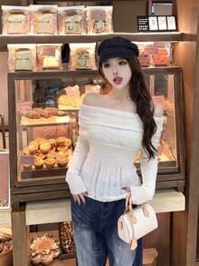 女士夏季露肩Y2K复古风长袖修身抓绒针织衫，优雅休闲甜美简约性感破东风纹理针织上衣，适合日常休闲、约会、周末聚会、返校季、街头时尚百搭上衣 - 杏色 - 查看 3