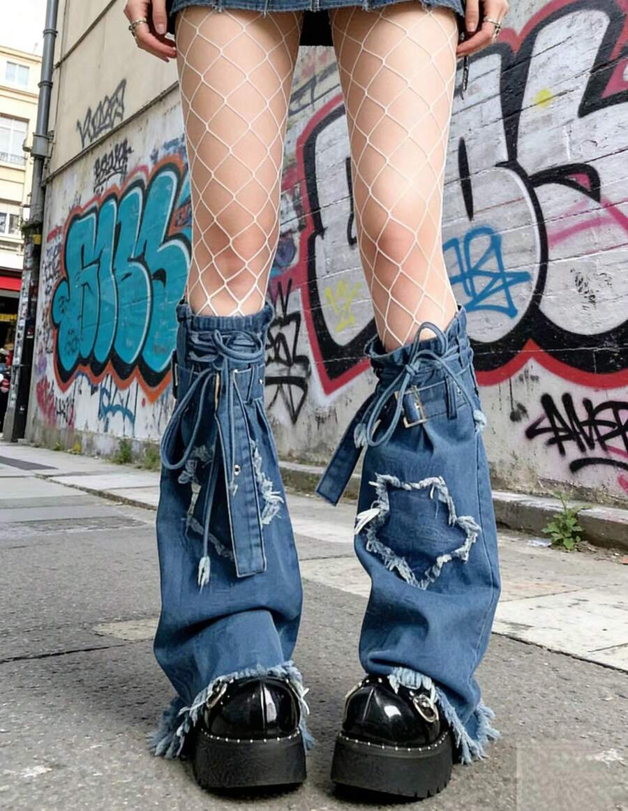 Y2K Aesthetic Blue Denim Bell Bottom Leg Warmers Drawstring Boot Socks  Fabric - 中藍色 - 查看 1