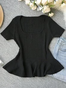 Áo dệt kim ôm dáng kiểu Hàn Quốc mùa Xuân/Hè mới, chất liệu lụa chiffon, viền bèo nhún, dành cho nữ. - màu đen - Xem 6