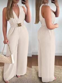 女士性感深V领无袖阔腿连体裤 - 杏色 - 查看 4