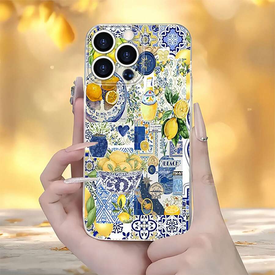 Tema de collage de azulejos azul y amarillo limónfunda de teléfono Fundas compatibles con ,Apple,VIVO,OPPO,,, y Honor.Fabricadas en silicona TPU,ofrecen protección contra golpes y caídas. - transparente - Ver 1
