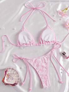 Sultry Sol Women's Elegant Sweet Pink Lace Halter Tie Bikini Set, Beaded Detail, Perfect For Summer Beach And Pool Party Vacation - Baby Pink - View 4