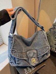New Stylish And Soft Washed-Jeans-Inspired Shoulder Bag With A Flap Design; A Versatile, Roomy Crossbody Bag For Women With A Twist-Lock Closure, Perfect For Shopping And Commuting - 藍色 - 查看 1