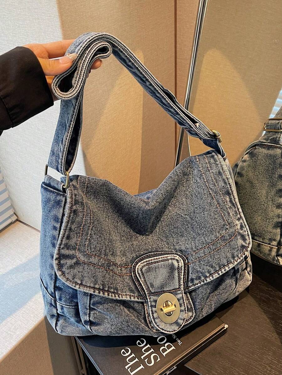 New Stylish And Soft Washed-Jeans-Inspired Shoulder Bag With A Flap Design; A Versatile, Roomy Crossbody Bag For Women With A Twist-Lock Closure, Perfect For Shopping And Commuting - 藍色 - 查看 1
