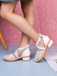 Girls' Mesh Low Heel Shoes, Cross Ankle Strap Embroidered Mesh Mary Jane Shoes, Suitable For Party And Daily Wear - White - View 4