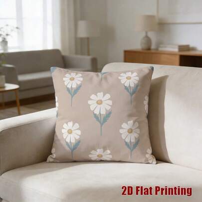 Light Tan Daisy With Blue Leaves Throw Pillow Cover - Neutral Spring Floral Cushion Case For Farmhouse Decor