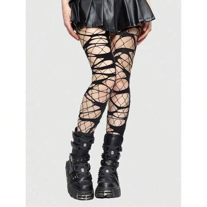 ROMWE Grunge Punk 1 Piece Punk Style Suit, 1 Piece Minimalist Solid Color Mesh Fishnet Socks + 1 Piece White Ripped Pantyhose, Y2K Tights Combination, Suitable For Daily, Party And Music Festivals