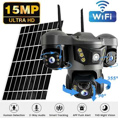 SWVW V380 15MP WLAN-Solar-PTZ-Kamera mit drei Objektiven & Bildschirmen, 2,4GHz WLAN, IP66 wasserdicht für Innen & Außen. 355° Schwenk, 90° Neigung, KI-Personenverfolgung, PIR-Erkennung, Farbnachtsicht & Flutlicht. Zwei-Wege-Audio, Alarmlicht + Sirene, App-Steuerung, Push-/E-Mail-Benachrichtigung, akkubetrieben, ideal für Haus & Garten.