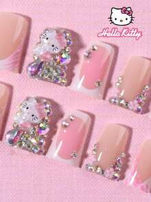 SANRIO Bộ 24 miếng dán móng tay kiểu Pháp họa tiết vịt báo, dài vừa phải, phong cách Y2K, đính kim sa, kèm nơ 3D dễ thương, ngọc trai, hoa pha lê, màu hồng nữ tính, phù hợp cho sử dụng hàng ngày và dự tiệc. Bao gồm 1 lọ keo và 1 dũa móng tay, dành cho phụ nữ và bé gái. - Nhiều màu - Xem 3