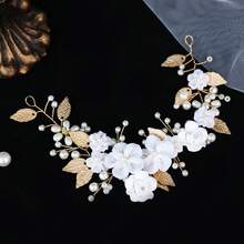 Băng đô cài tóc bằng đất sét mềm màu trắng hình hoa lá đính ngọc trai, phụ kiện tóc cô dâu trong đám cưới. - Vàng - Xem 2