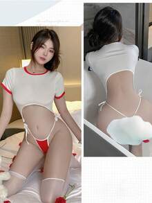 Ladies Sexy V Neck Fun Nightdress Underwear Anime Lingerie Cosplay Bodysuit Tie Top Set - 白色,紅色和長襪 - 查看 3