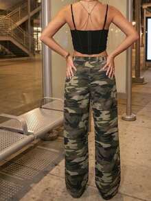 Women's Camouflage Cargo Pants With Pockets Wide Leg Drawstring Elastic Waist Trousers Streetwear - 軍綠色 - 查看 4