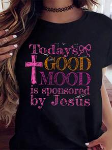 Todays Good Mood Is Sponsored By Jesus Christian Faith Shirt For Women Religious T-Shirt With Cross And Bow Design Inspirational Message Top For Everyday Wear Church Outfit Gift For Believers,220g - 黑色 - 查看 1