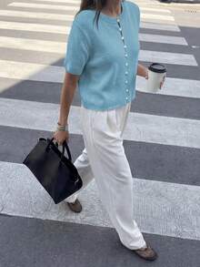 Round Neck Solid Color Pearl Button Short Sleeve Casual Versatile Knit Cardigan, Loose Fit, Suitable For Daily Wear Spring - Pastel Blue - View 4