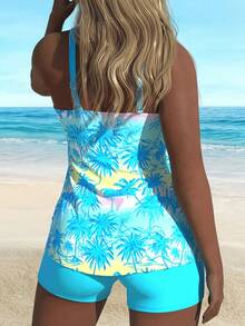 Tropical Coconut Tree Print Women's Tankini Two Pieces Swimsuit, Fashionable & Comfortable, Slimming Adjustable Strap, Elegant & Cute Sexy Style, Hawaii Beach, Summer Vacation - Sky Blue - View 3