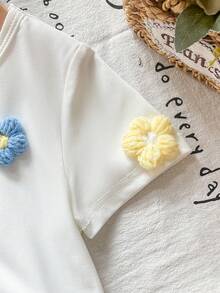 Young Girl' Fashionable Casual Cute Set, Floral Tee + Multi-Color Fringe Denim Shorts - White - View 4