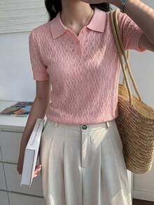 Blusa de punto de cuello polo de unicolor con mangas cortas para mujer, con textura acanalada, cierre de botones, adecuada para el hogar, la playa y el uso diario en verano, color rosa - Rosa - Ver 6