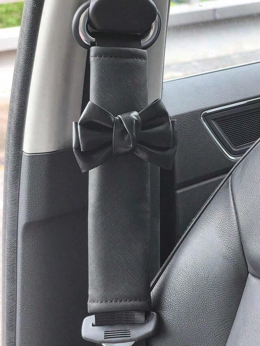 2pcs Car Seat Belt Leather Shoulder Protector Cute Bow Car Decoration Car Protection Cover,Car Women Accessories - One-size - View 1