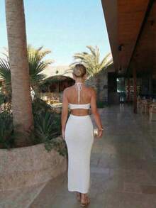 女士夏季波西米亚亮片白色蕾丝系带露背吊带长裙，无袖修身镂空性感针织连衣裙，适合海滩度假、海滩派对、音乐节、鸡尾酒会、城市公路旅行、假日约会 - 白色 - 查看 9