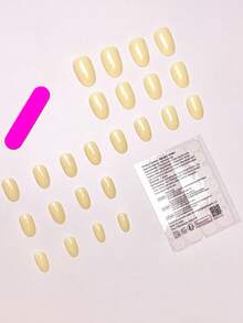 24pcs/Set Short Oval Soft Yellow Solid Color Minimalist Style Press-On Nails, Includes Gel Polish And Nail File, Suitable For Girls/Women For Daily Wear, Office, Afternoon Tea, Party - Yellow - View 3