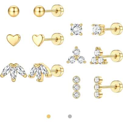 ORAZIO 女士14K镀金不锈钢耳钉套装，平底耳骨耳钉，耳廓、耳屏等部位穿孔饰品
