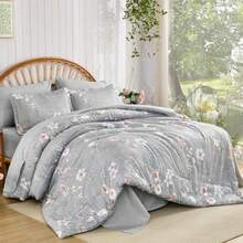 Queen Comforter Set Grey Botanical Floral Bedding Comforter Sets Queen Size for All Seasons 7 Pieces Bed in a Bag Lightweight Microfiber Comforter Set with Sheets Pillowcases and Shams - Gris - Ver 3