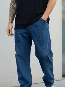 Men's Dark Denim Cargo Pants With Drawstring Waist And Slight Stretch, Unisex Long, Loose-Fitting Casual Streetwear Skate Pants. - 深色牛仔褲 - 查看 2