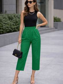 Pantalón dama mujer cintura elástica delgado y fresco para verano de moda casual unicolor - Verde - Ver 3