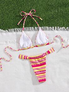 女士性感彩色条纹波西米亚风露背系带比基尼套装，适合海滩、优雅休闲度假、音乐节、沙滩派对和冲浪。采用弹力舒适面料制成，两件式泳衣，春夏必备。 - 彩色 - 查看 4