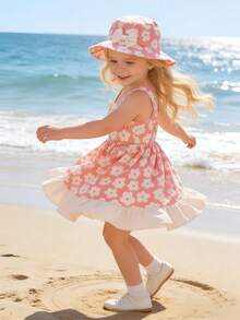 Bộ 2 món váy và mũ dễ thương cho bé gái, kiểu dáng thoải mái, giản dị, thắt nơ, dây đeo vai, họa tiết hoa, viền bèo nhún, thích hợp cho mùa hè mặc hàng ngày, hoạt động ngoài trời, cắm trại, kỳ nghỉ, tiệc trà, họp mặt, dự tiệc. - Màu Hồng  San hô - Xem 4