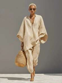 Ladies' Trousers Ensemble - New For Spring/Summer 2026, Featuring A Loose Batwing Sleeve And V-Neck, This Casual Set Is Stylish And Comfortable For Women - 杏色 - 查看 10