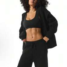 Alo Yoga Domain Rib Knit Full Zip Sweater - Premium Ribbed Knit Cardigan | Viral 2026 Women's Luxury Lounge Wear | Slim Fit Full-Zip Mock Neck Sweater | Comfortable Soft Daily Streetwear | Authentic Designer Knitwear Apparel - 黑色 - 查看 5